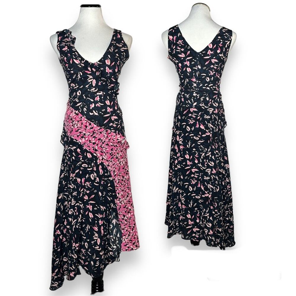 Saloni silk Aggie midi dress patterned with ruffles in navy blue and pink size 2